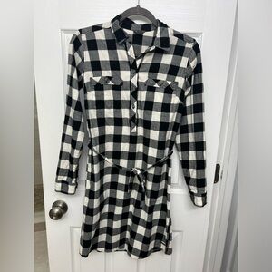 Flannel buffalo check shirt dress with tie belt